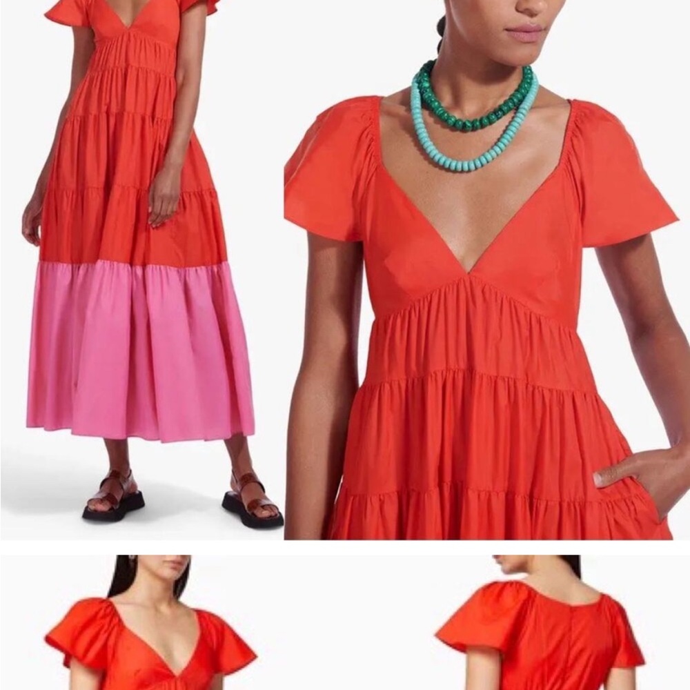 STAUD Red Ruffled Tiered Maxi Dress